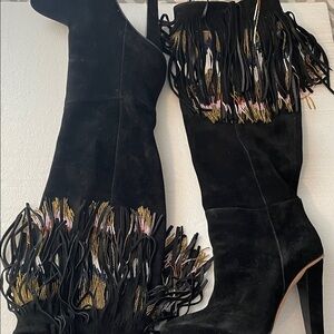 Jimmy Choo Black Over-the-Knee Boots with Colorful Fringe